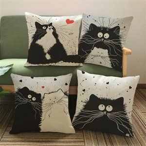 1PC Cartoon Linen Cotton Blend Cushion Cover Home Sofa Square Cat Pillow 17X17
